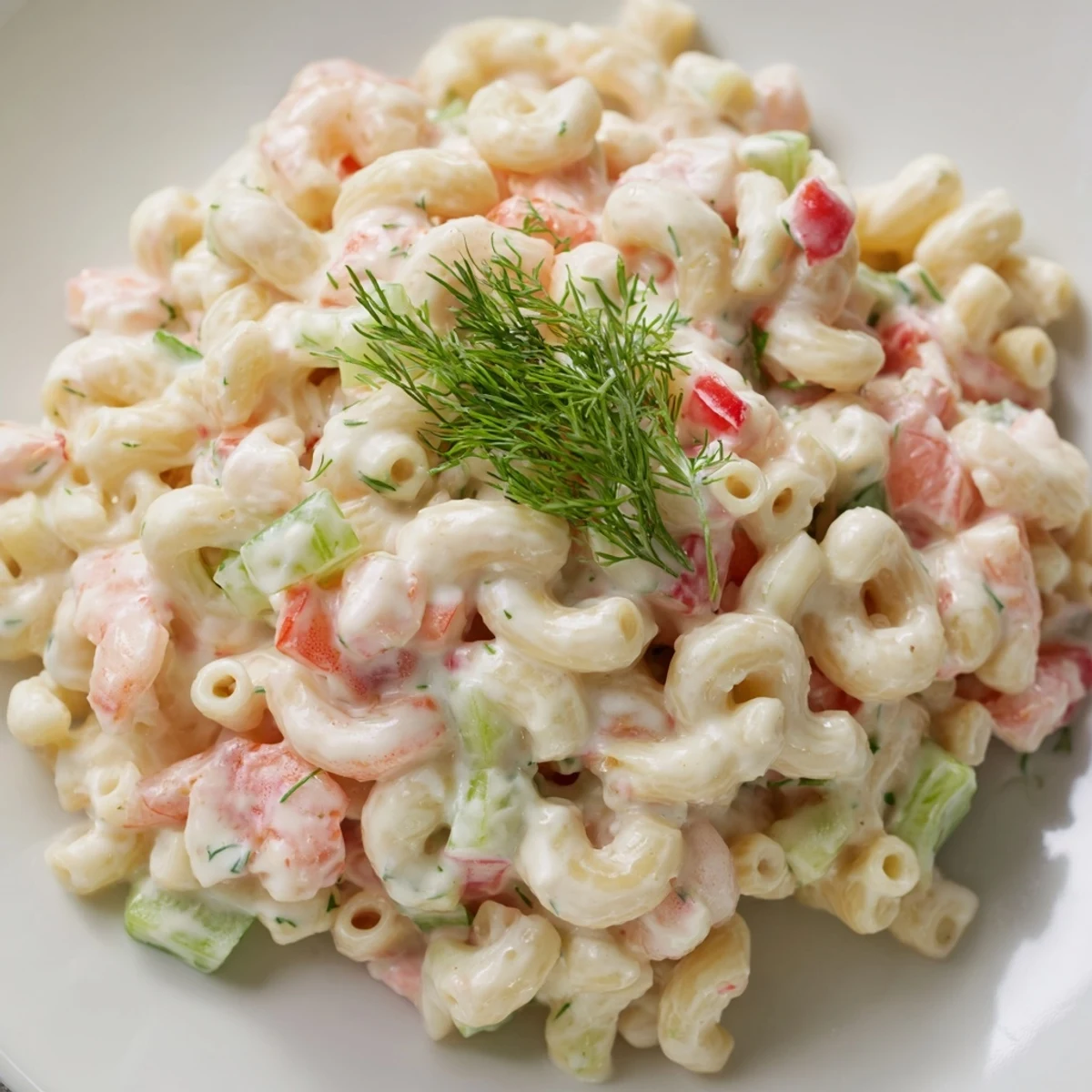 Chilled shrimp macaroni salad served on a lettuce leaf with fresh dill garnish for picnics