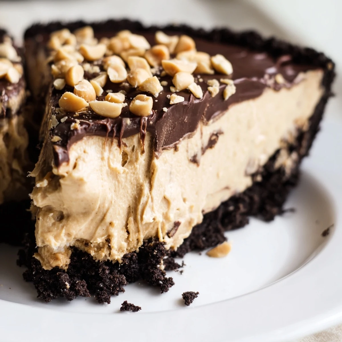 Creamy no bake peanut butter pie sliced thick on a dark chocolate cookie crust