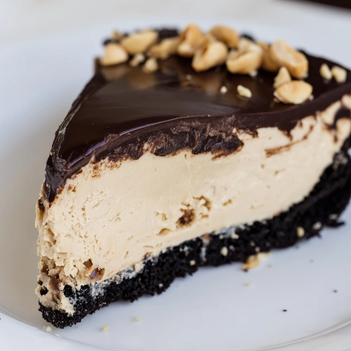 No bake peanut butter pie topped with glossy chocolate ganache and crushed peanuts