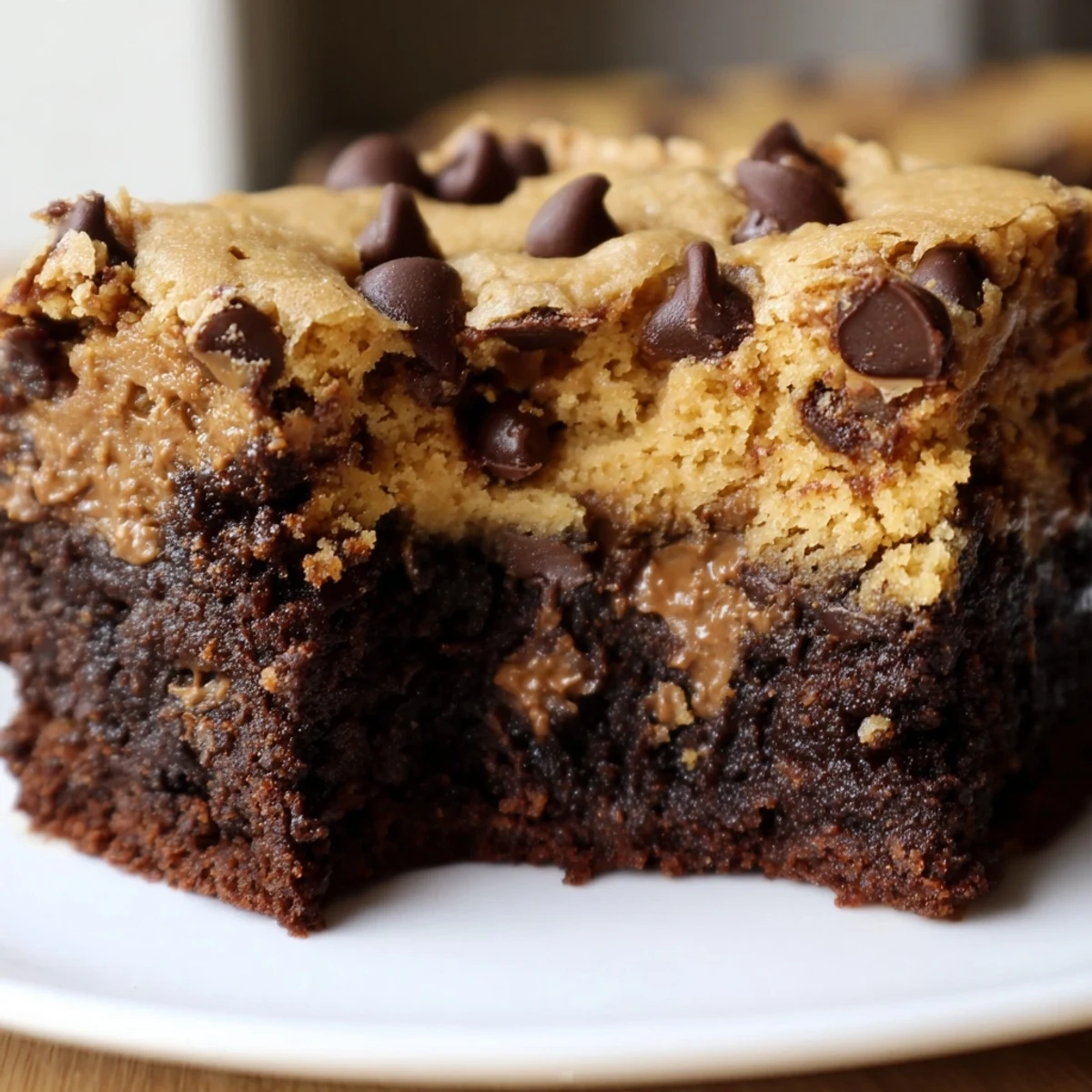 Golden vegan brookies with fudgy brownie bottom and chewy cookie topping studded with chocolate chips