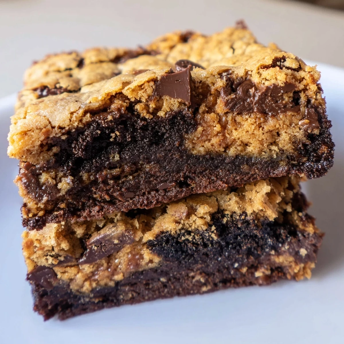 Double layer vegan brookies cut into squares showing rich dark chocolate brownie and speckled cookie layers