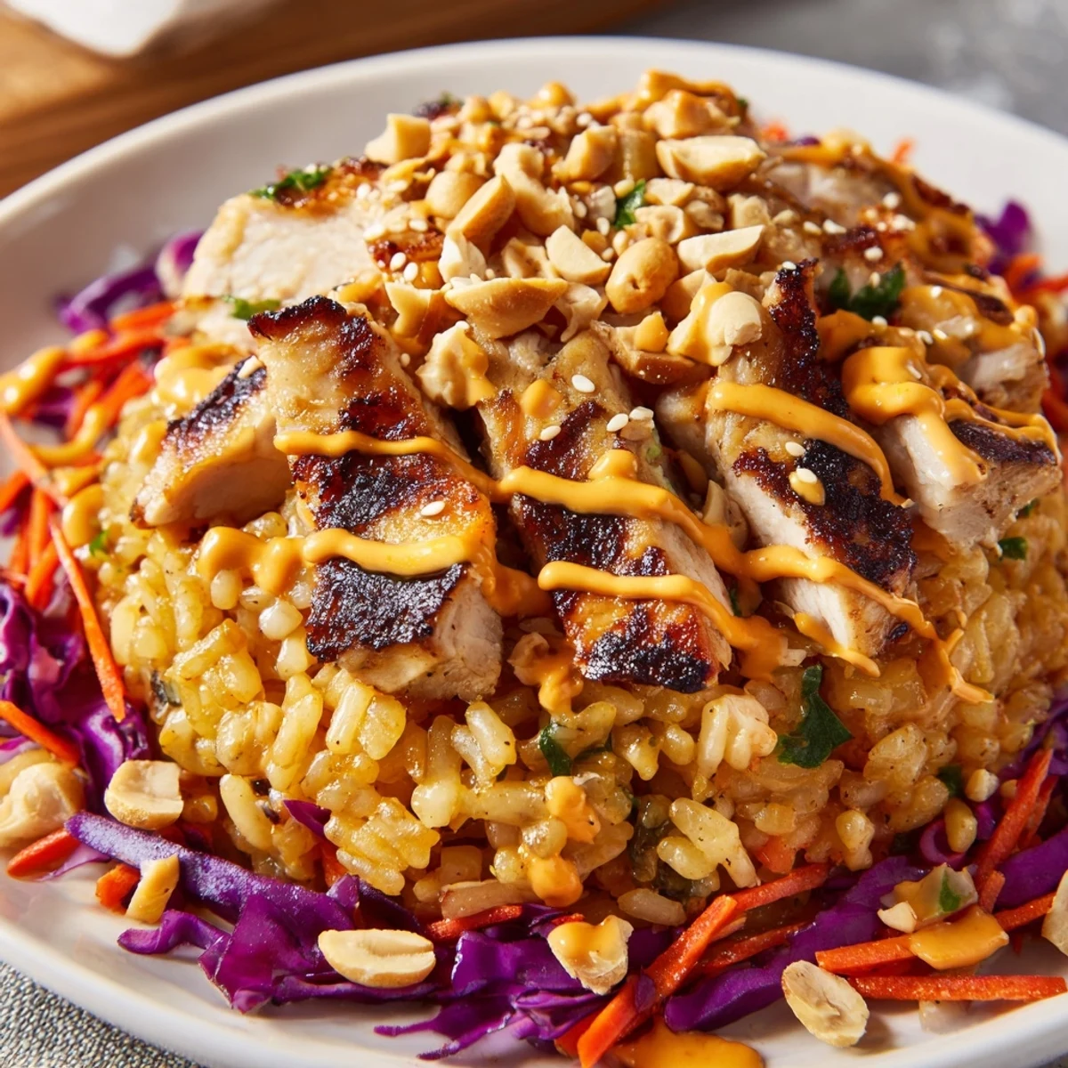 Golden crispy rice and tender sliced chicken topped with creamy spicy Bang Bang sauce