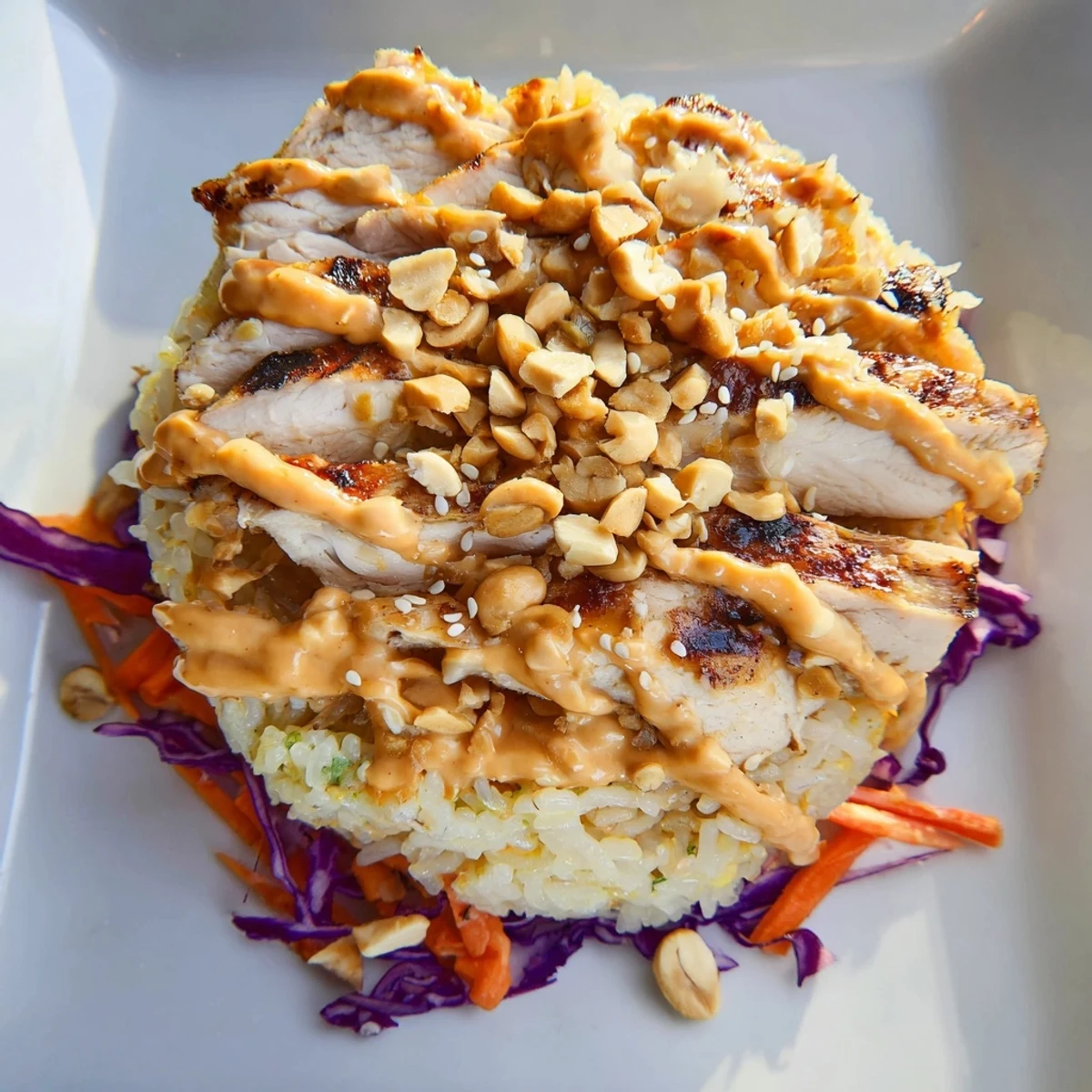 Bang Bang Chicken Crispy Rice Salad loaded with fresh vegetables and crunchy peanuts