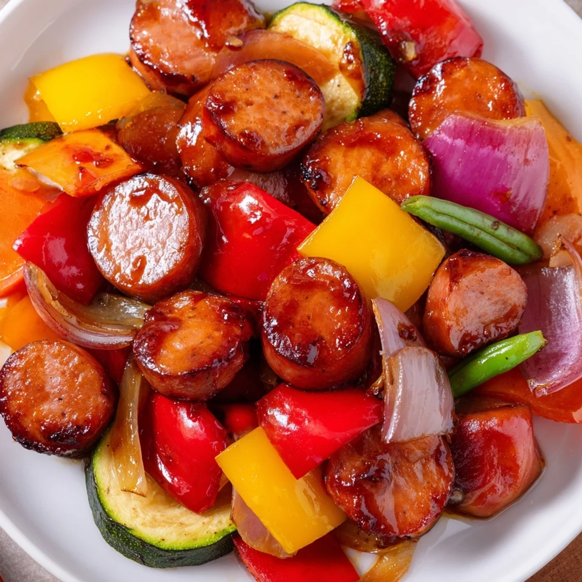 Honey Garlic Kielbasa Veggies in a glossy skillet glaze with colorful bell peppers and tender sausage rounds