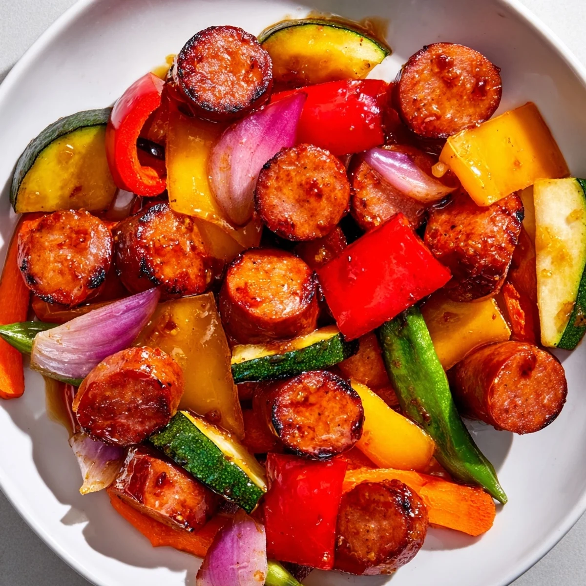 Smoky sliced kielbasa tossed with crisp vegetables in a sticky sweet honey garlic sauce