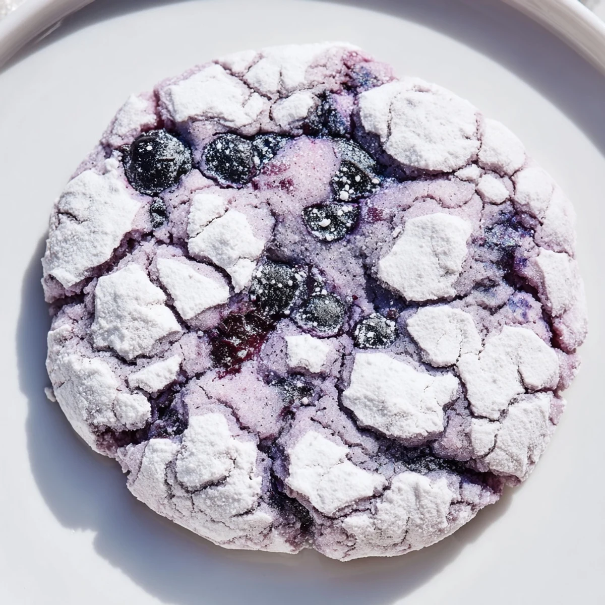 Soft blueberry crinkle cookies with powdered sugar coating on rustic white plate