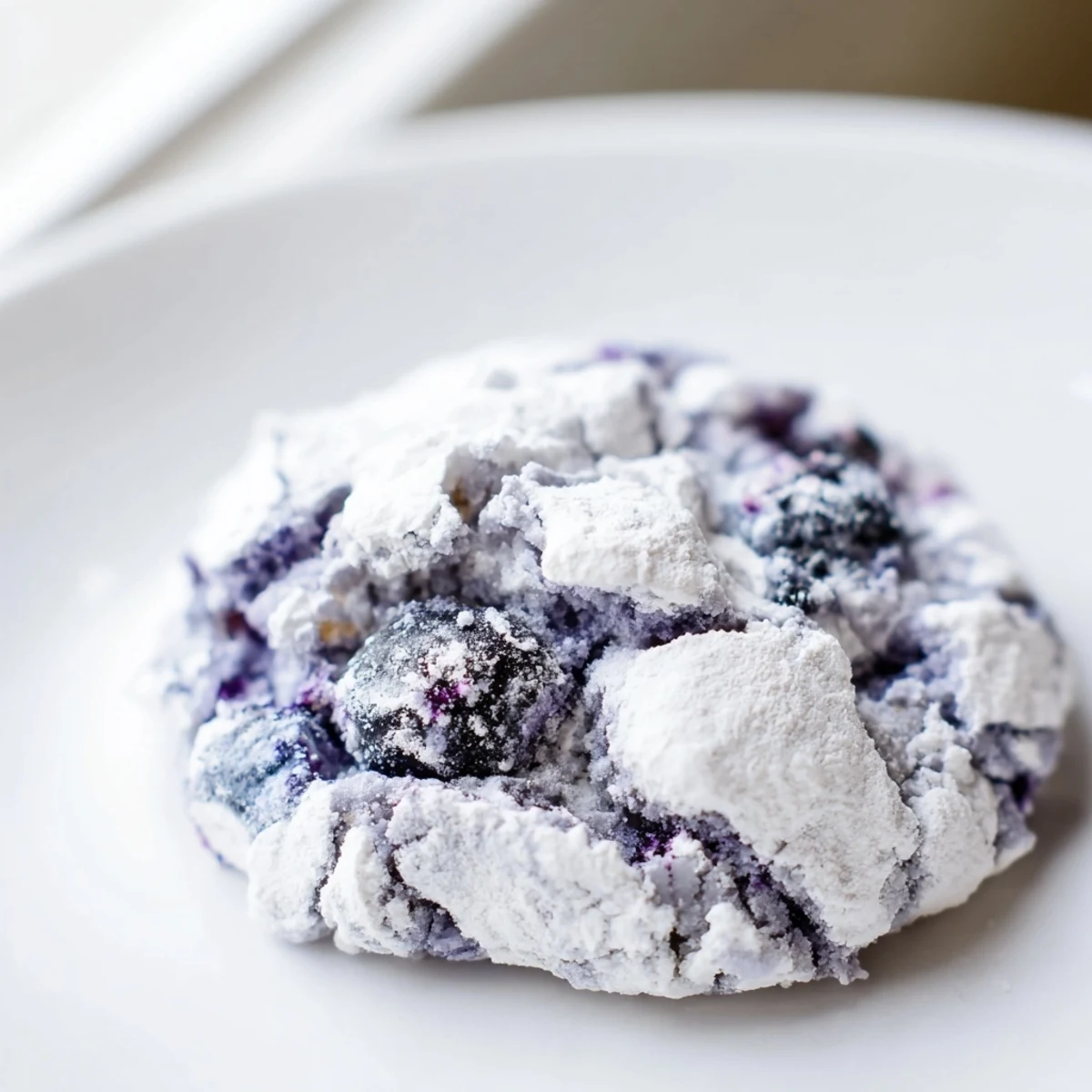 Chewy blueberry crinkle cookies stacked on cooling rack with purple fruit visible throughout