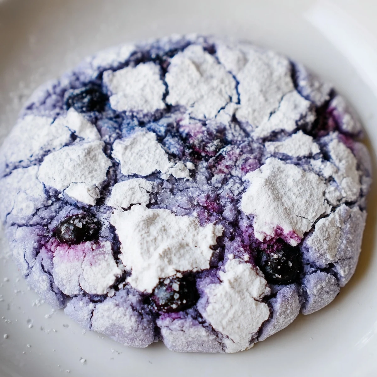 Golden-edged blueberry crinkle cookies showing signature cracks dusted with snowy powdered sugar