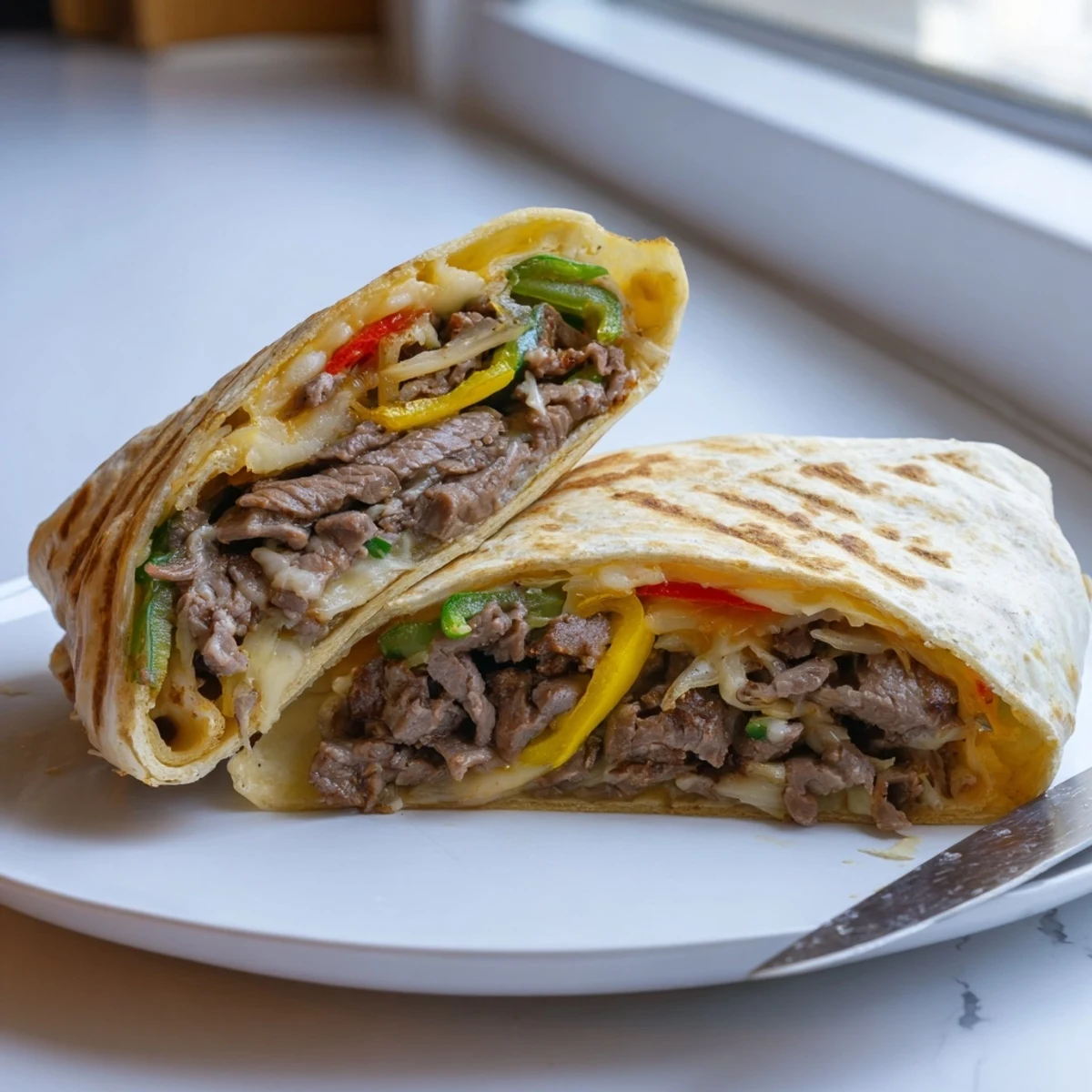 Golden crispy Philly cheesesteak grilled wraps with melted provolone cheese and colorful peppers.