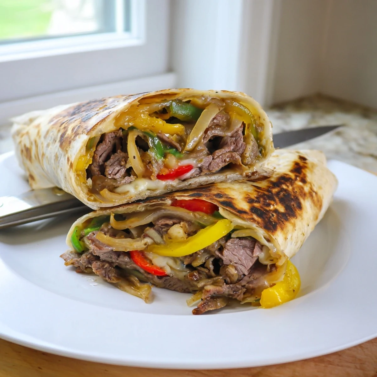 Philly cheesesteak grilled wraps sliced in half, revealing tender steak and gooey cheese filling.