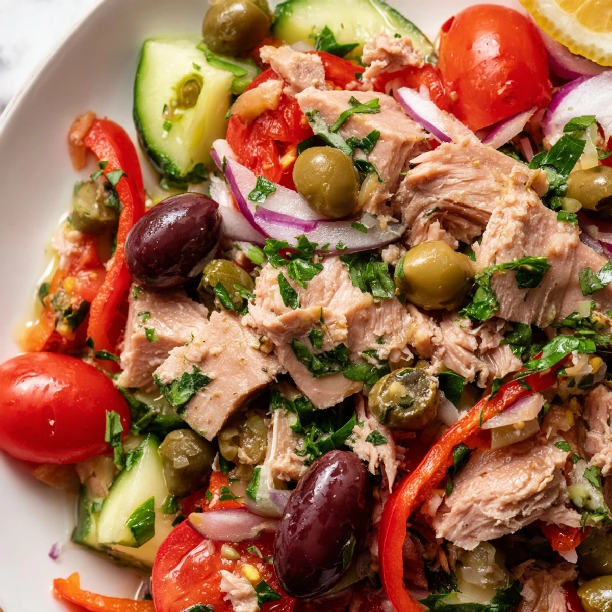 Crisp cucumber and tangy olives toss with flaked tuna in this Mediterranean tuna salad
