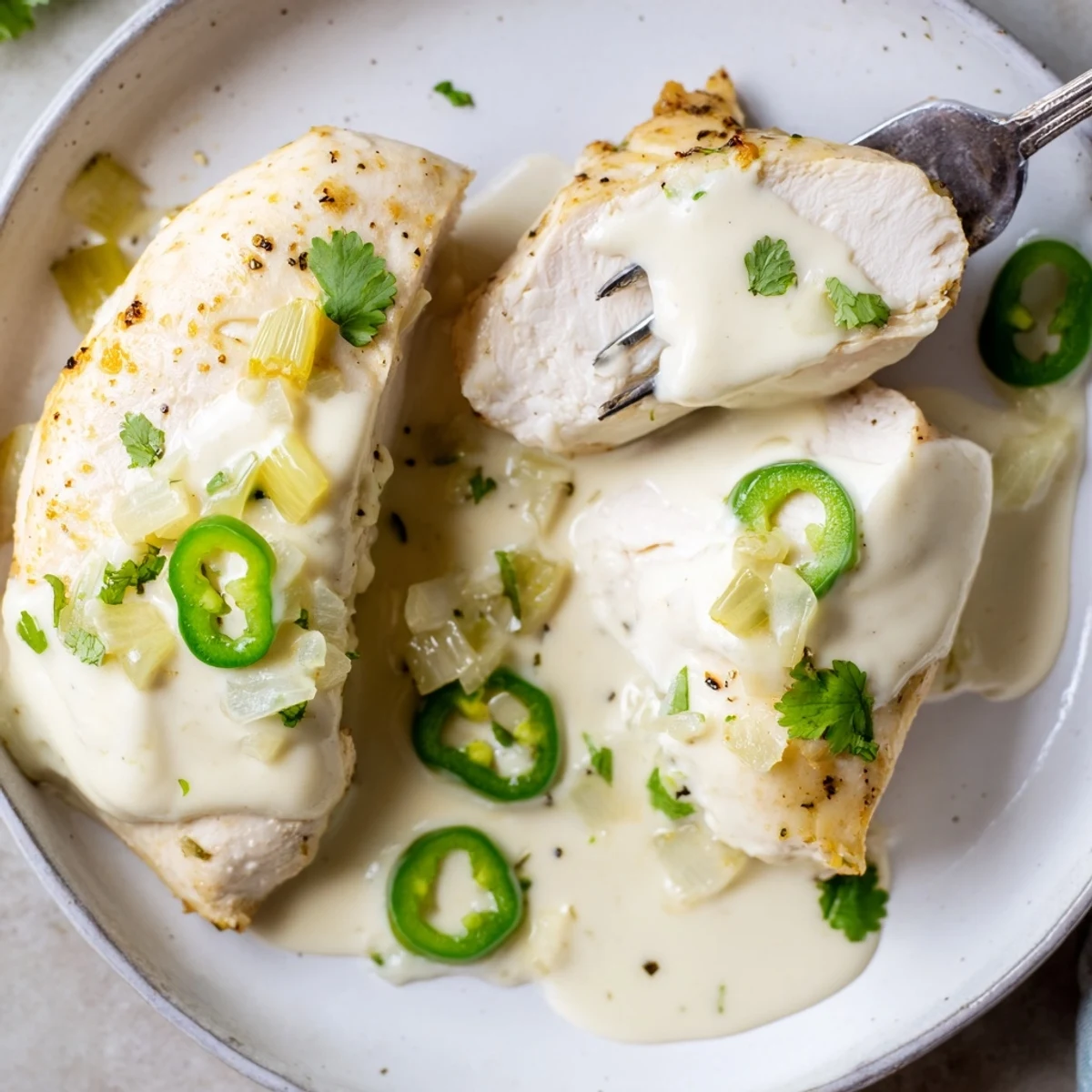 Golden jalapeño chicken breasts draped in creamy melted cheese sauce