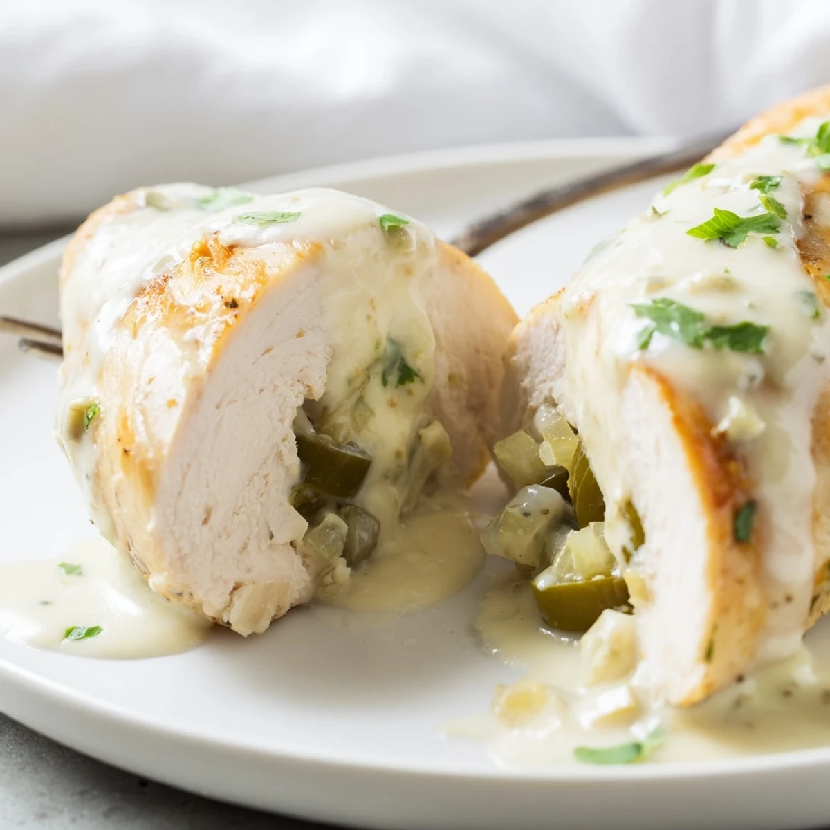 Creamy jalapeño chicken simmering in a rich spiced garlic skillet sauce
