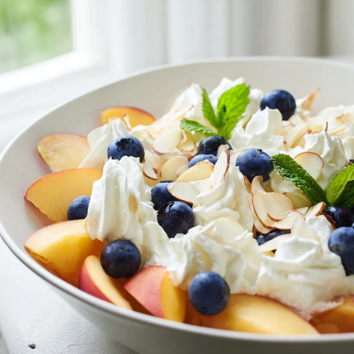 Fresh peaches and cream salad topped with whipped cream and mint leaves in glass