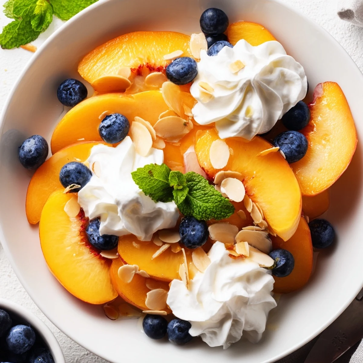 Creamy whipped topping cascades over juicy sliced peaches in this refreshing peaches and cream salad