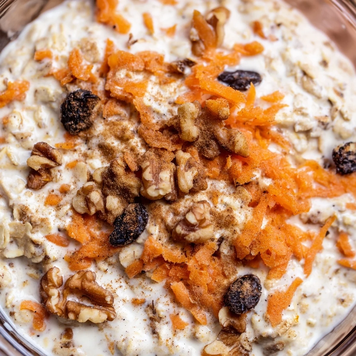 Creamy carrot cake overnight oats topped with walnuts and raisins in a glass jar