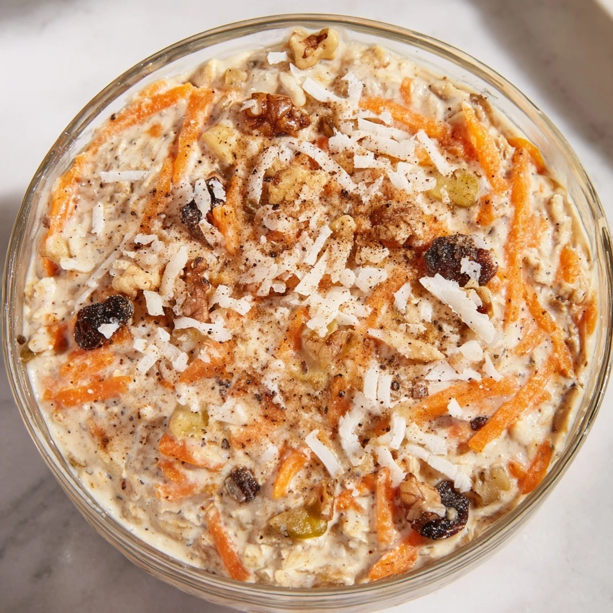 Spiced carrot cake overnight oats served in a mason jar with yogurt swirls