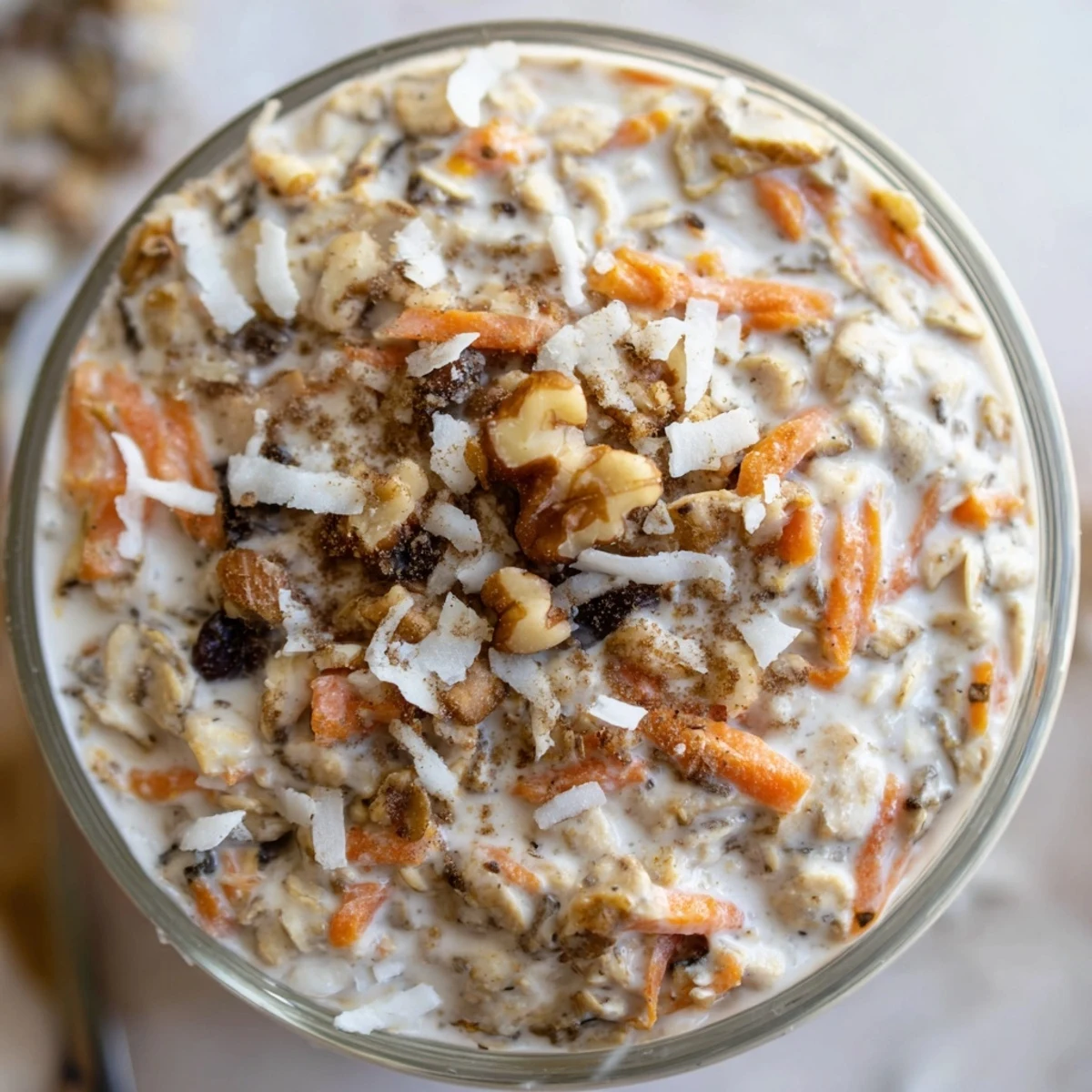 Carrot cake overnight oats with grated carrots, cinnamon, and a maple syrup drizzle