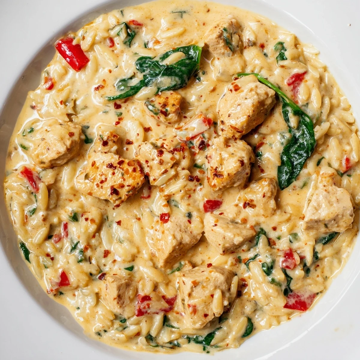 Creamy One Pot Cajun Chicken Alfredo Orzo with tender chicken in a rich, cheesy skillet sauce