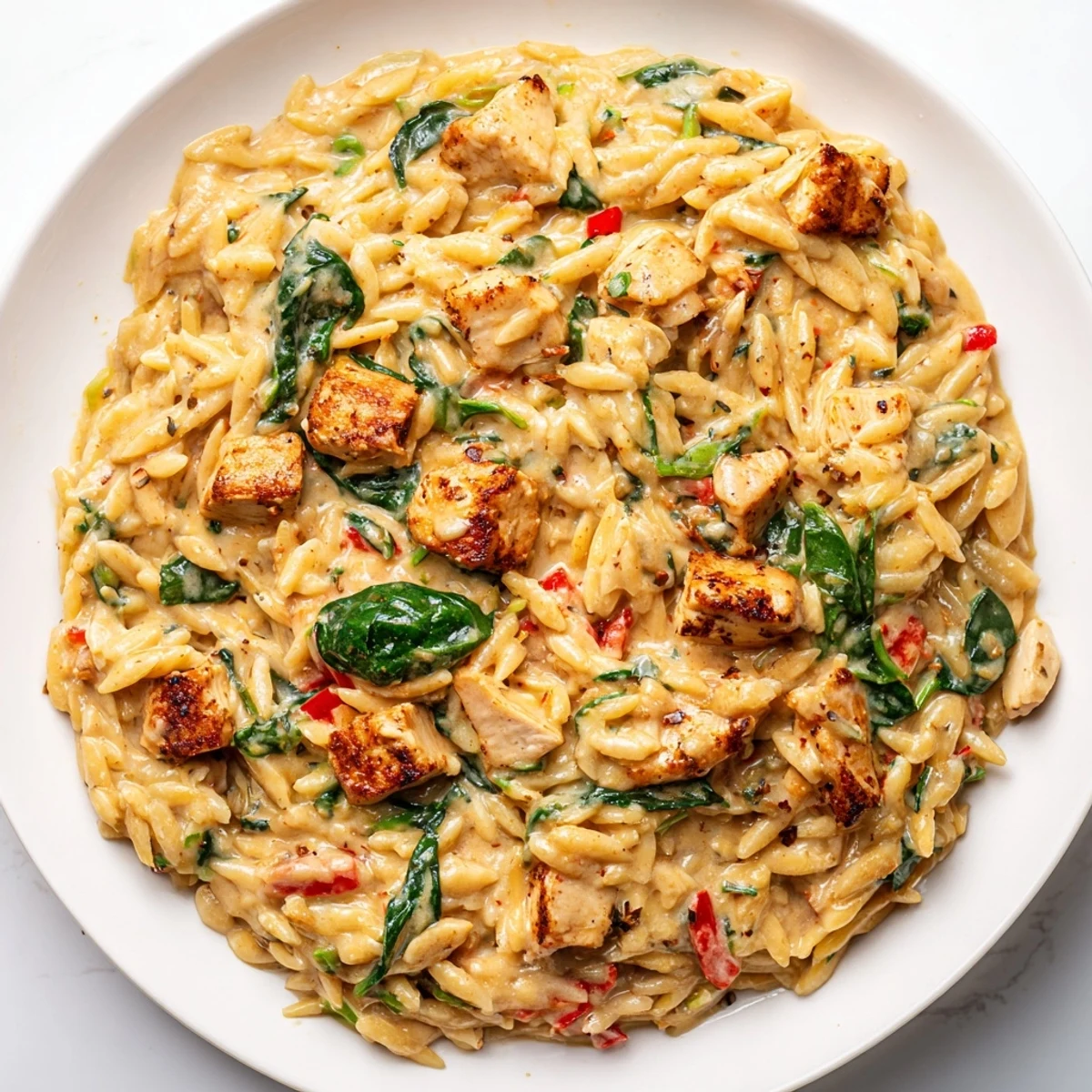 One Pot Cajun Chicken Alfredo Orzo topped with fresh parsley in a rustic cast iron pan