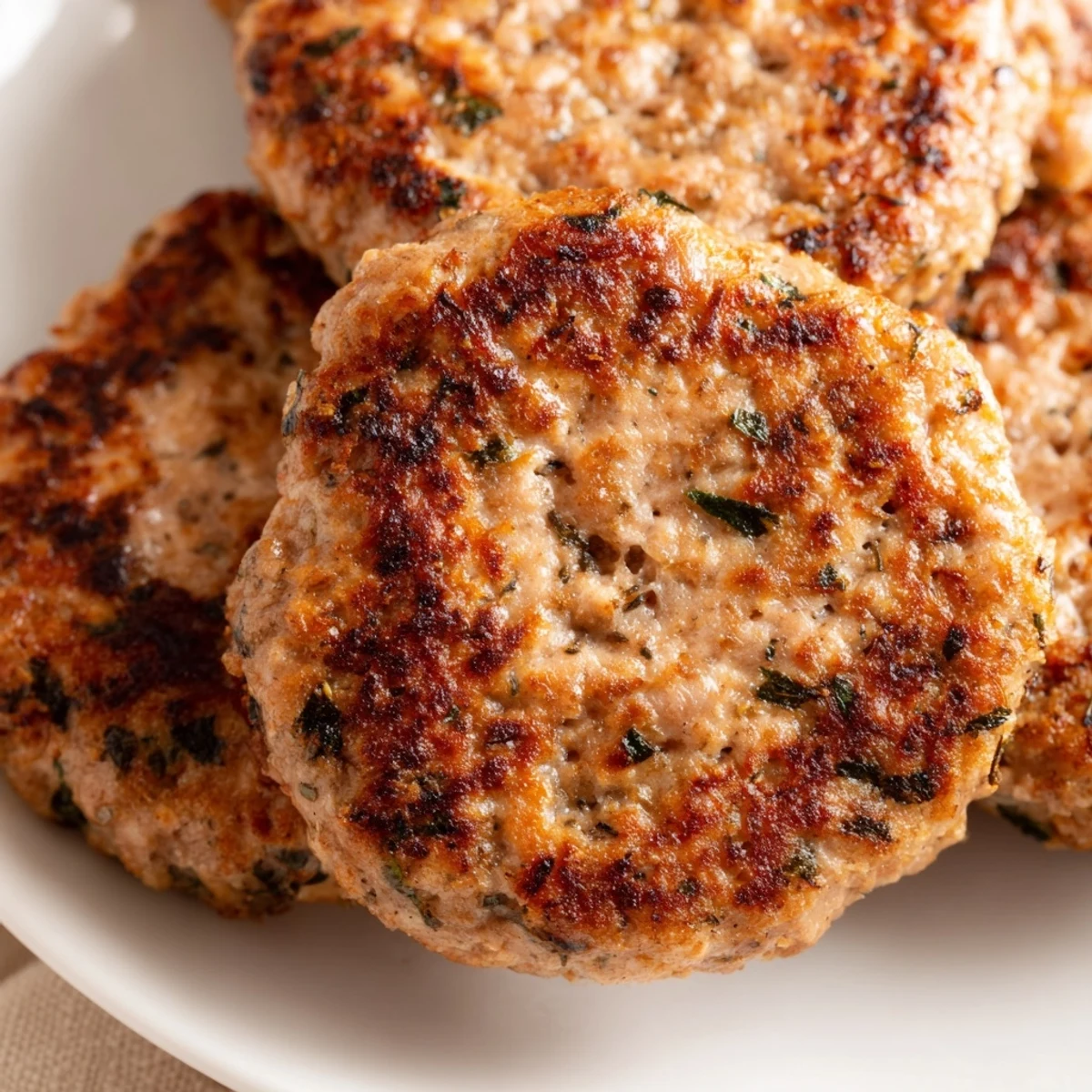 Golden brown ground turkey sausage patties sizzling in a cast iron skillet