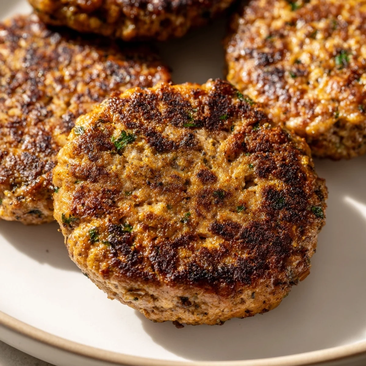 Seasoned ground turkey sausage crumbles scattered over a warm breakfast plate
