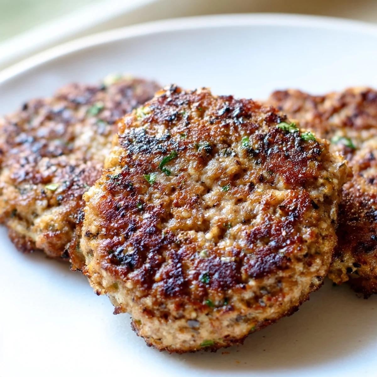 Juicy homemade ground turkey sausage patties served with scrambled eggs and toast