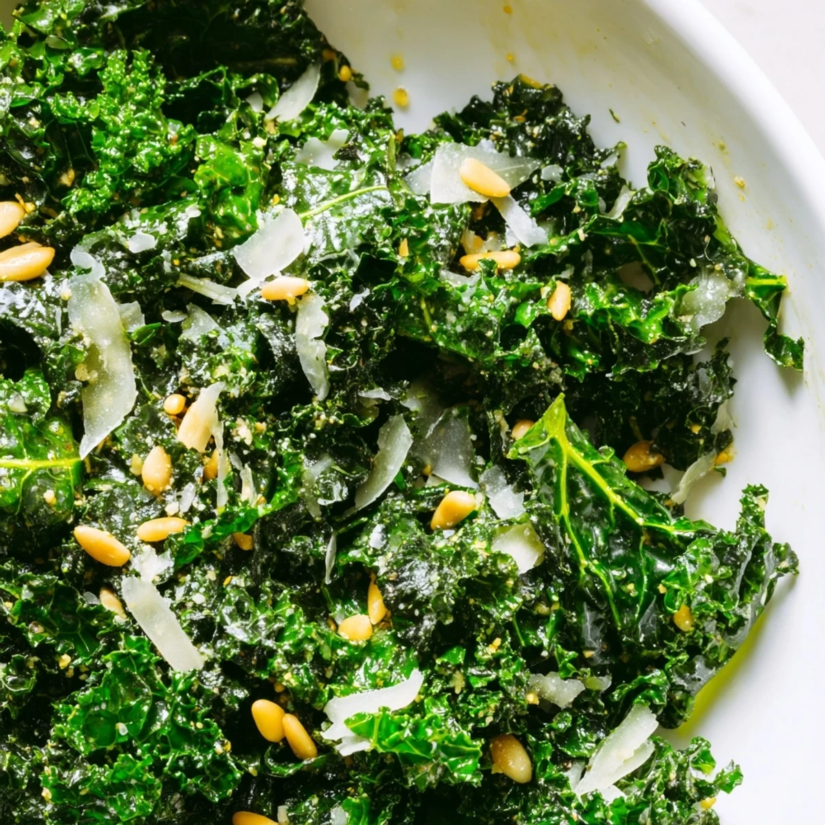 Bright green kale leaves tossed with zesty garlic lemon Parmesan dressing and pine nuts