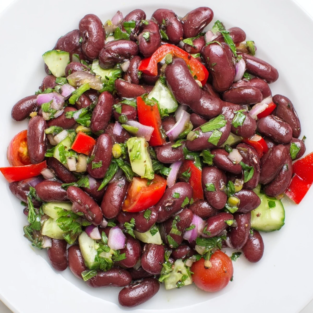 Colorful kidney bean salad tossed with crisp vegetables in a glossy vinaigrette dressing