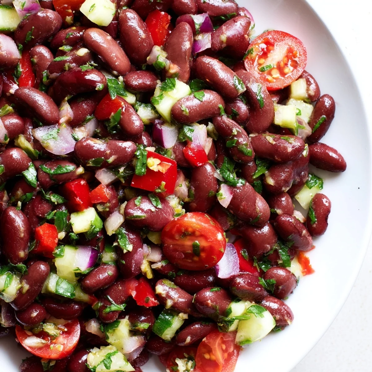 Creamy red kidney beans mixed with diced peppers, cucumber, and fresh parsley