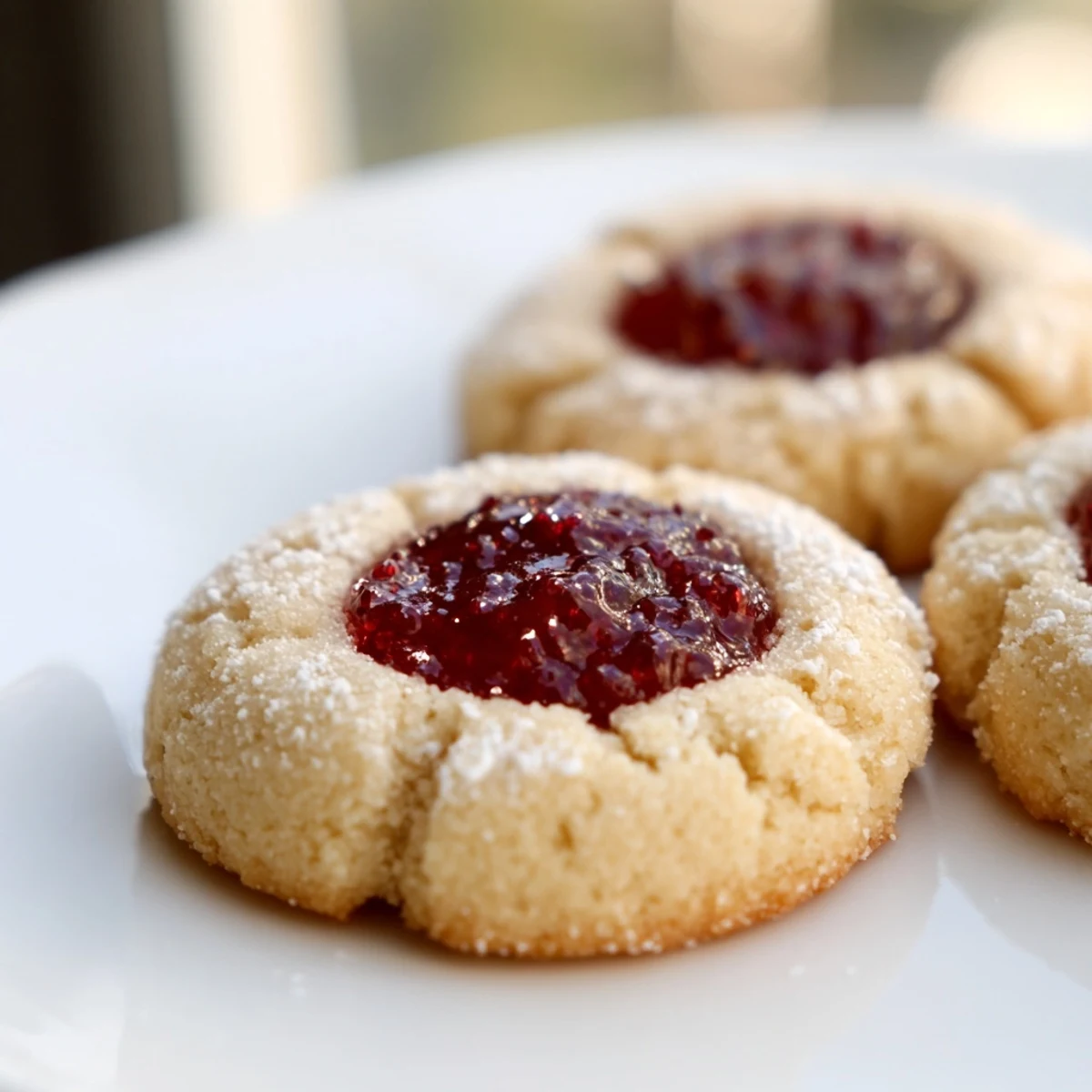 Golden flower jam thumbprint cookies with glistening floral jam centers on parchment paper