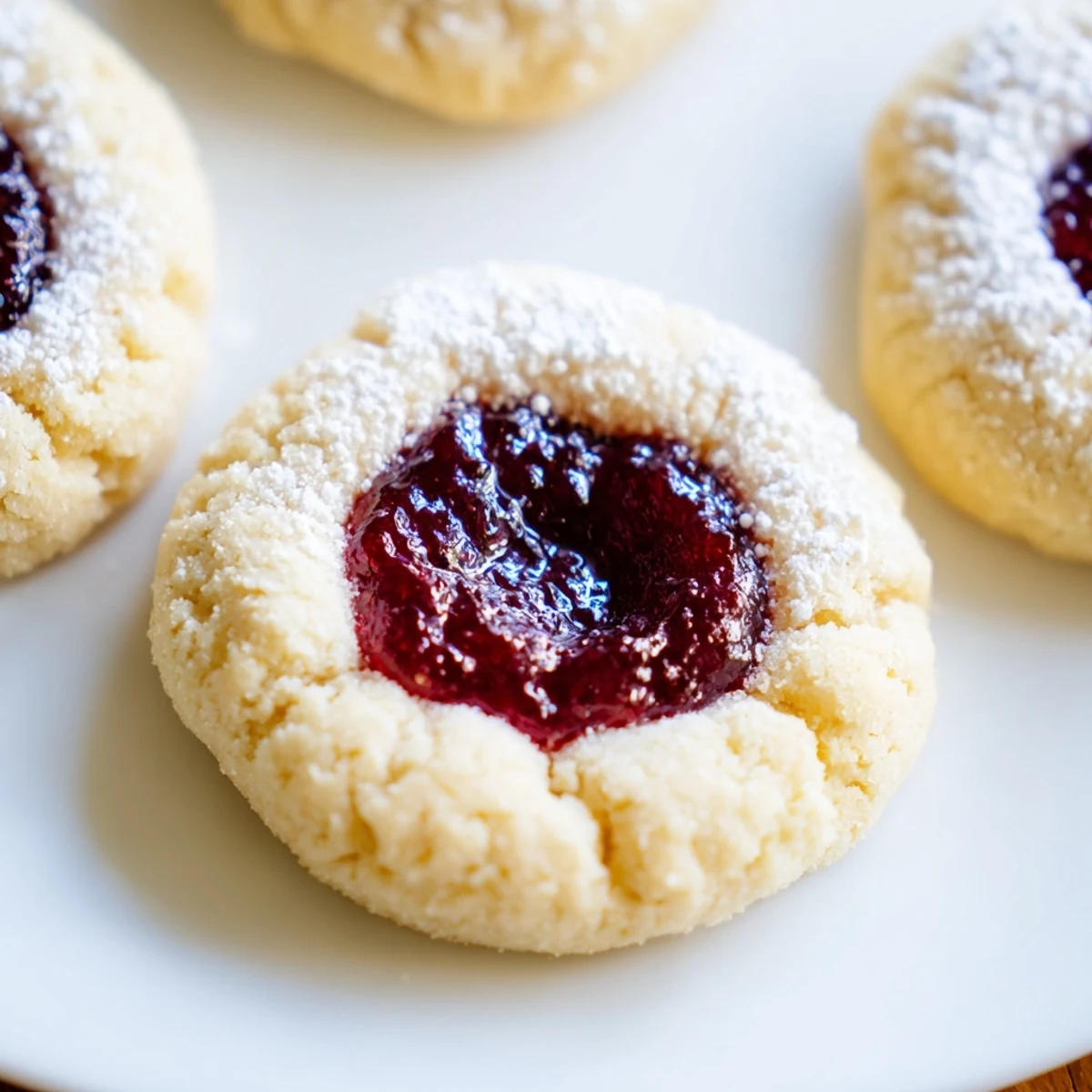 Delicate flower jam thumbprint cookies arranged on a wire cooling rack with jewel-like filling