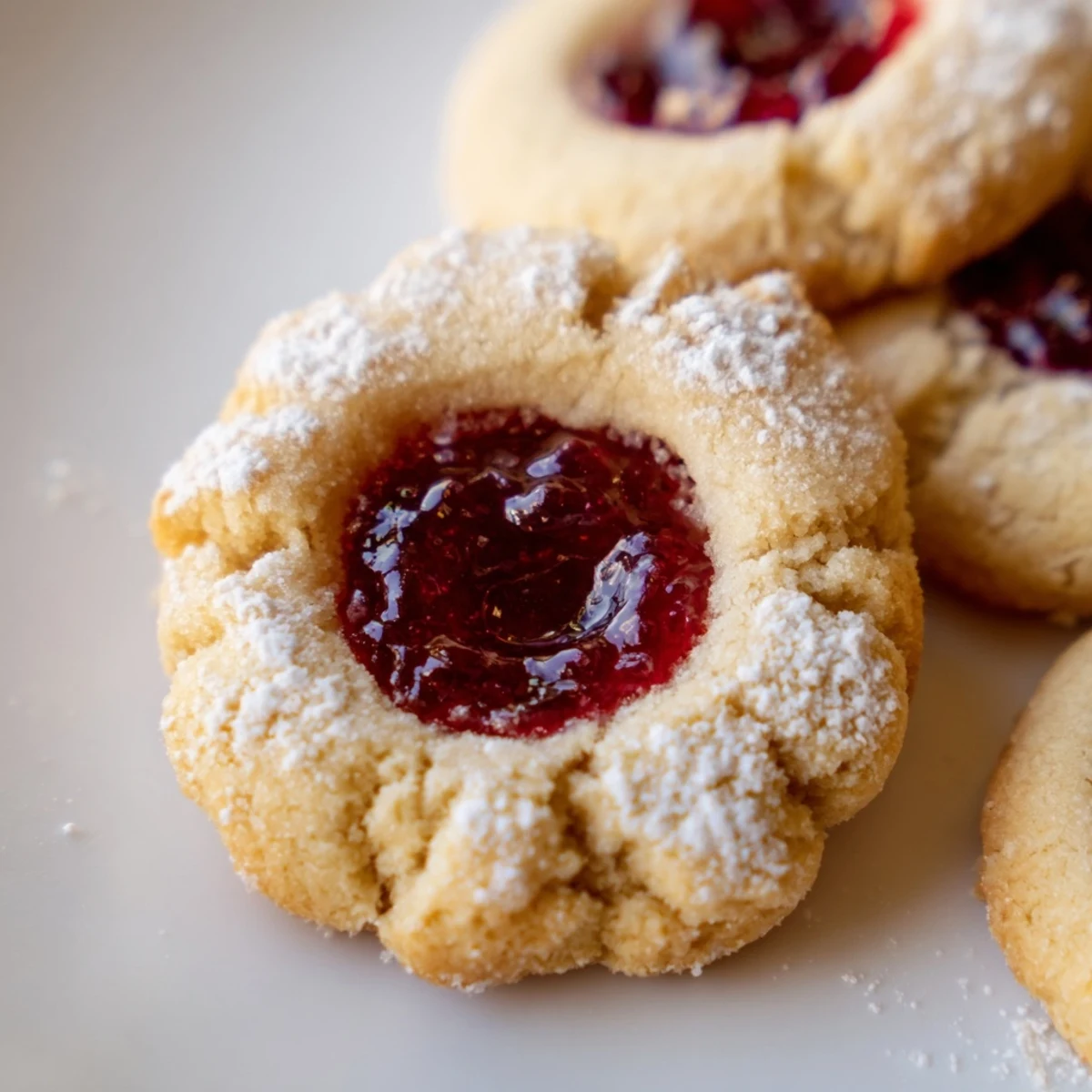 Buttery flower jam thumbprint cookies dusted with powdered sugar on a rustic plate