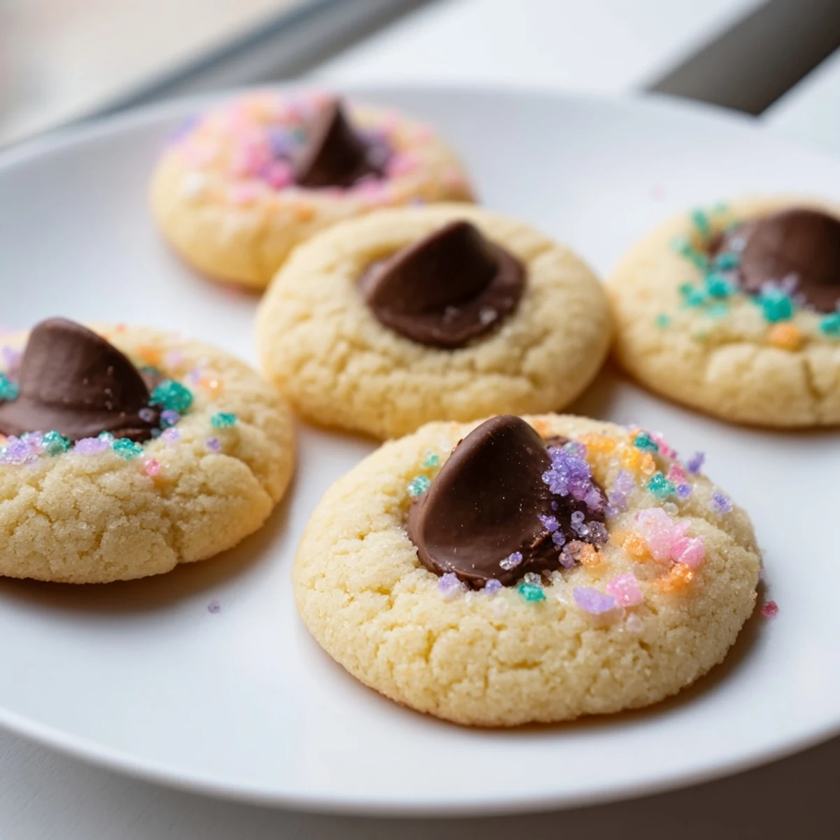 Soft Easter Blossom Cookies topped with pastel sprinkles and chocolate kisses on a rustic baking sheet