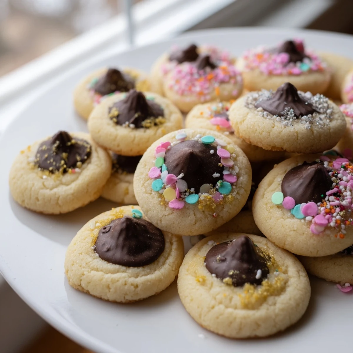 Golden Easter Blossom Cookies with melty chocolate centers arranged on a festive spring dessert platter