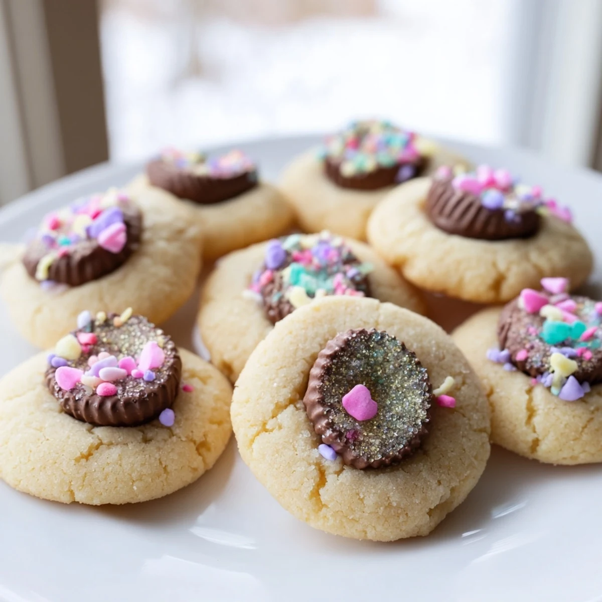 Buttery Easter Blossom Cookies dusted with colorful sanding sugar cooling on a wire rack