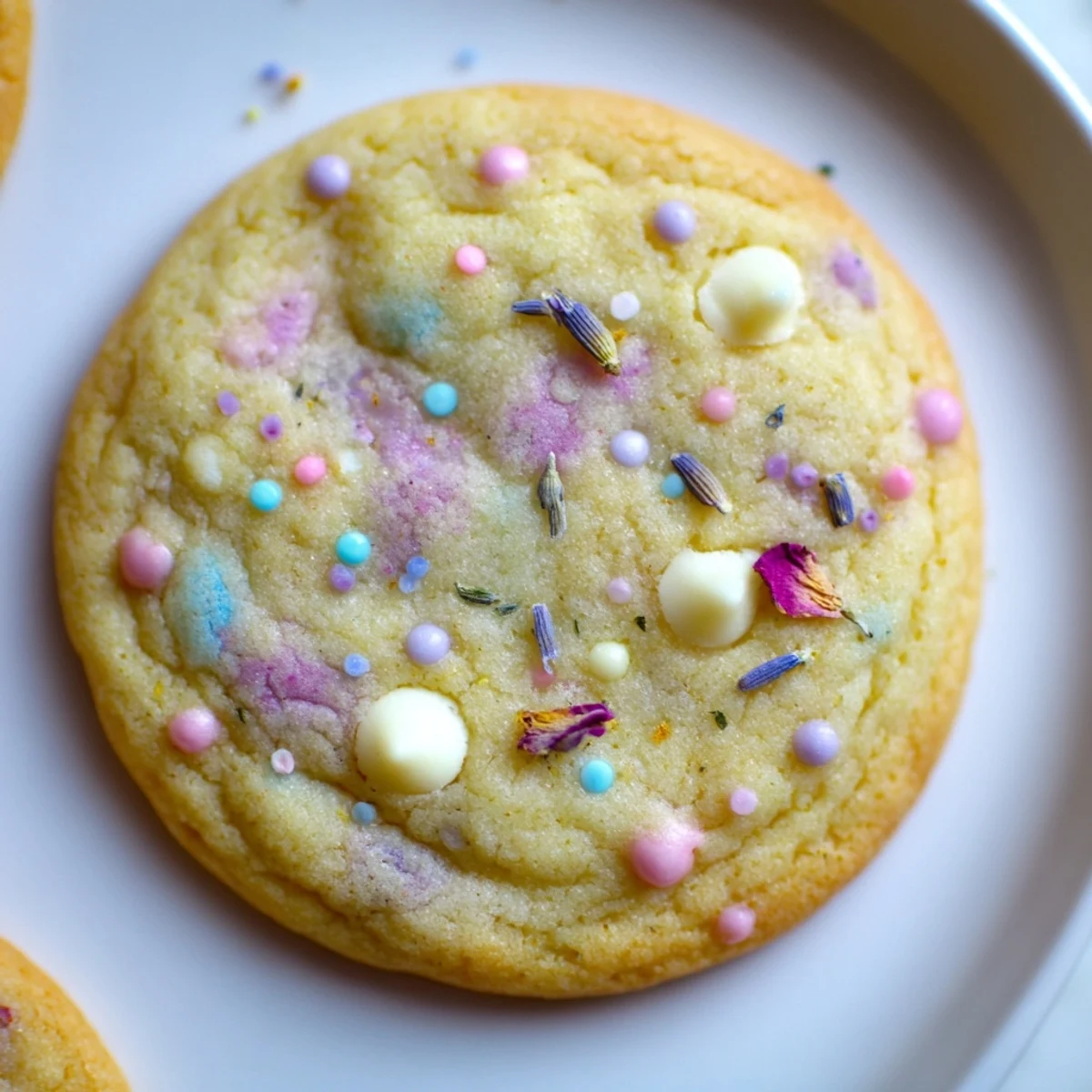 Soft Spring Blossom Cookies topped with pastel sprinkles on a rustic baking sheet