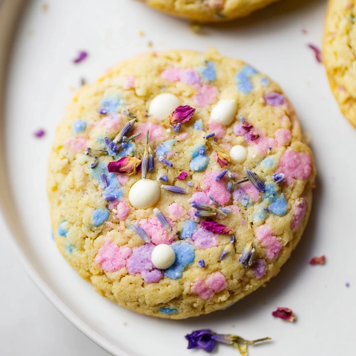 Chewy Spring Blossom Cookies studded with white chocolate chips and colorful nonpareils