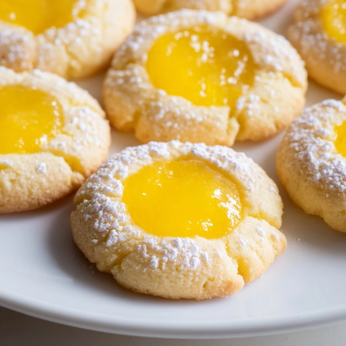 Soft buttery lemon curd cookies with gooey centers arranged on a white plate.