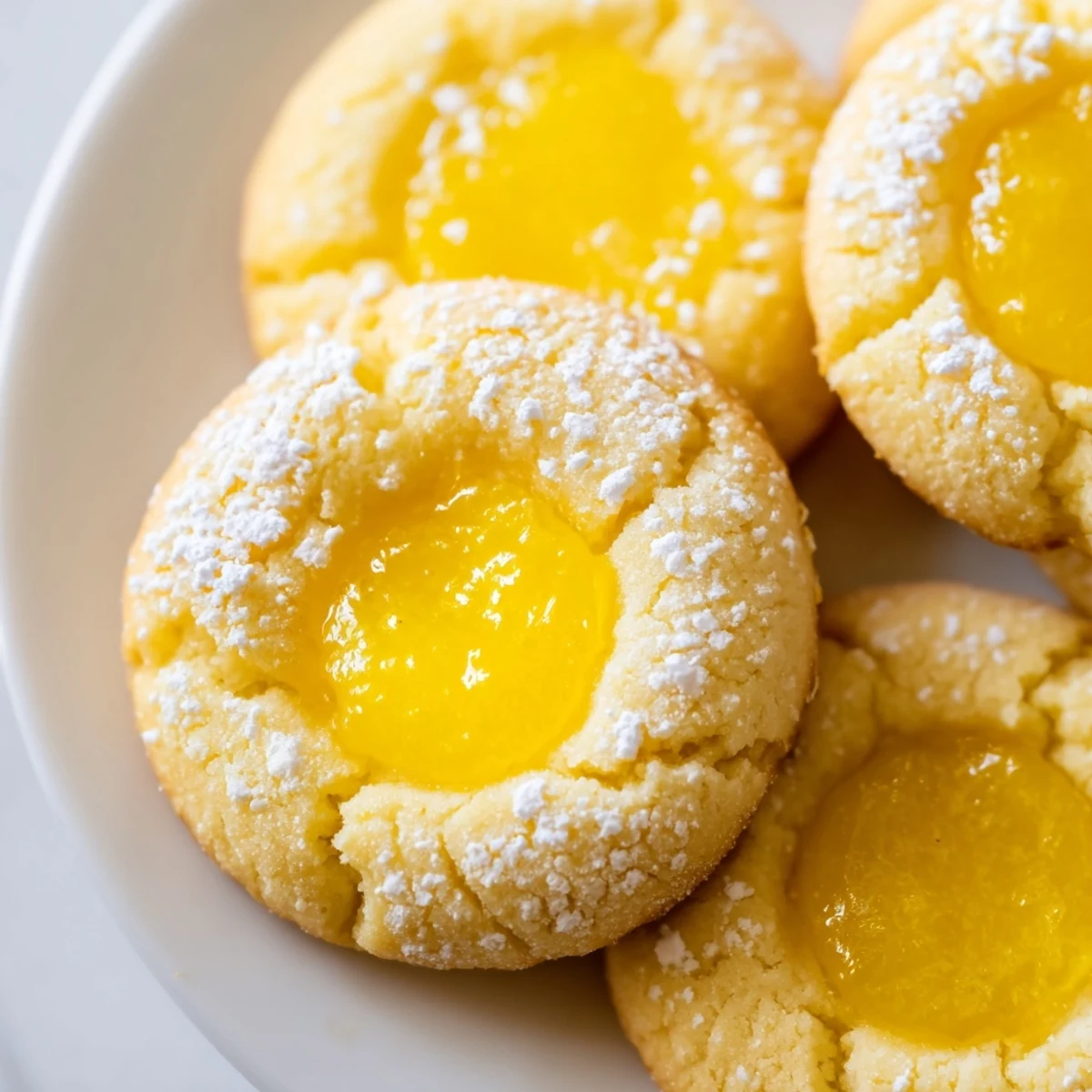 Golden lemon curd cookies dusted with powdered sugar on a rustic baking sheet.
