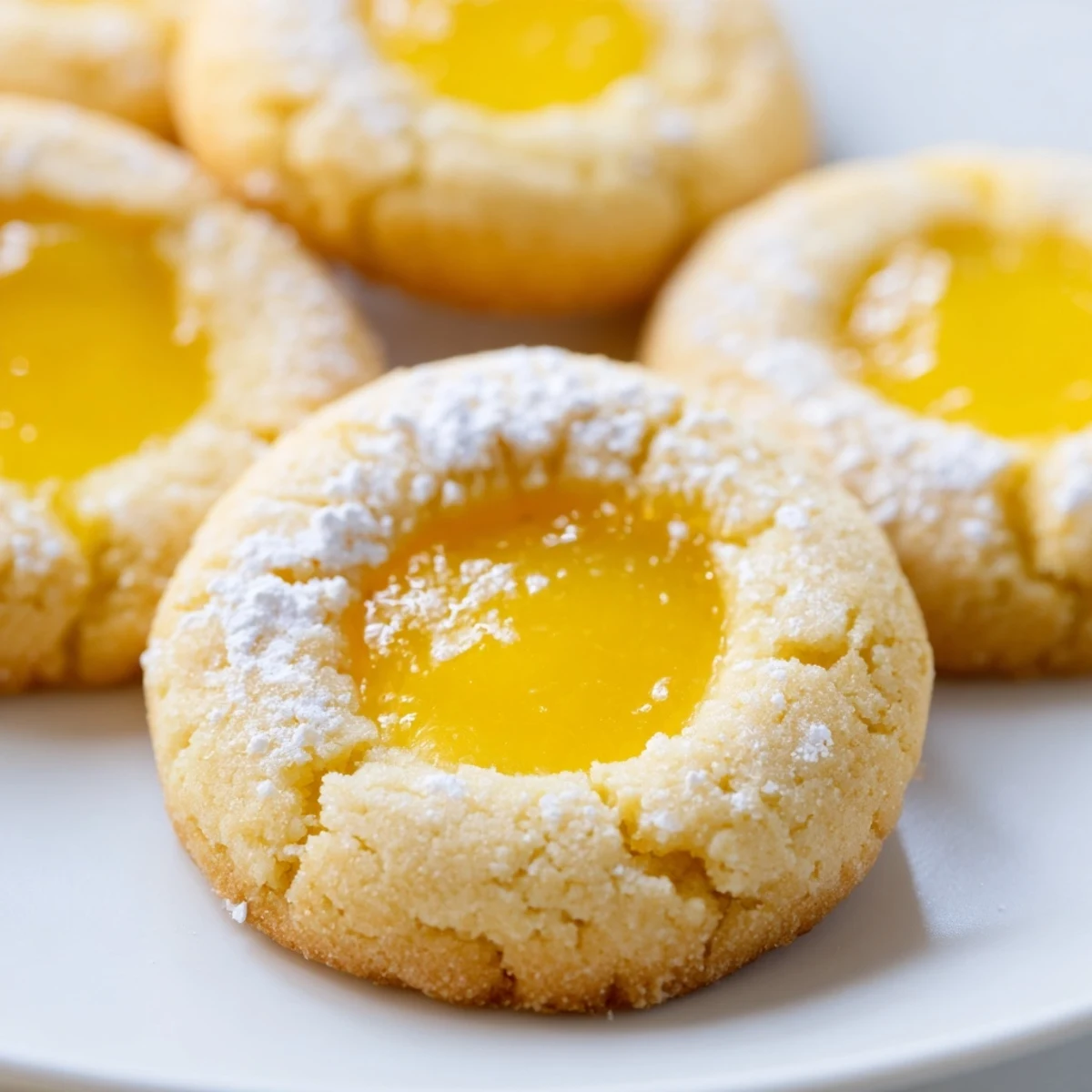 Thumbprint lemon curd cookies with bright yellow filling fresh from the oven.