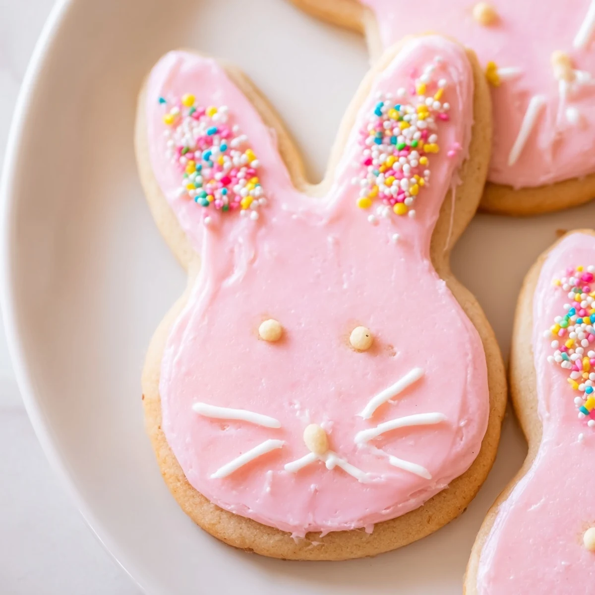 Decorated Spring Easter cookies with soft pastel icing arranged on a white serving platter