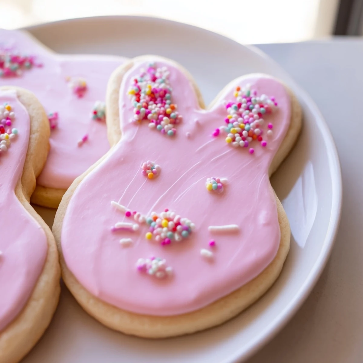 Buttery Spring Easter cookies cut into bunny and egg shapes with colorful sprinkles