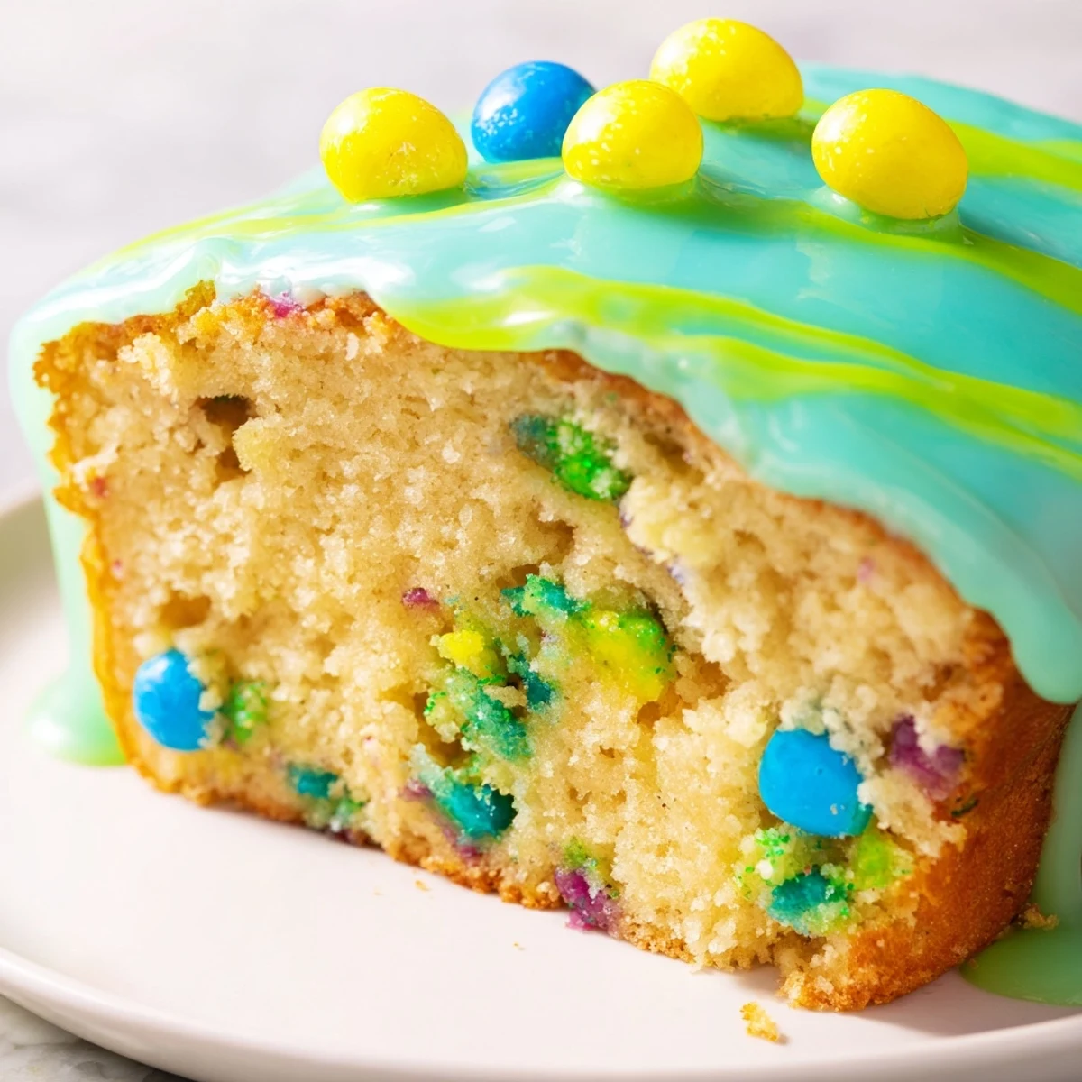 Robin Egg Snack Cake with pastel glazed topping and colorful candy-coated chocolates on white plate