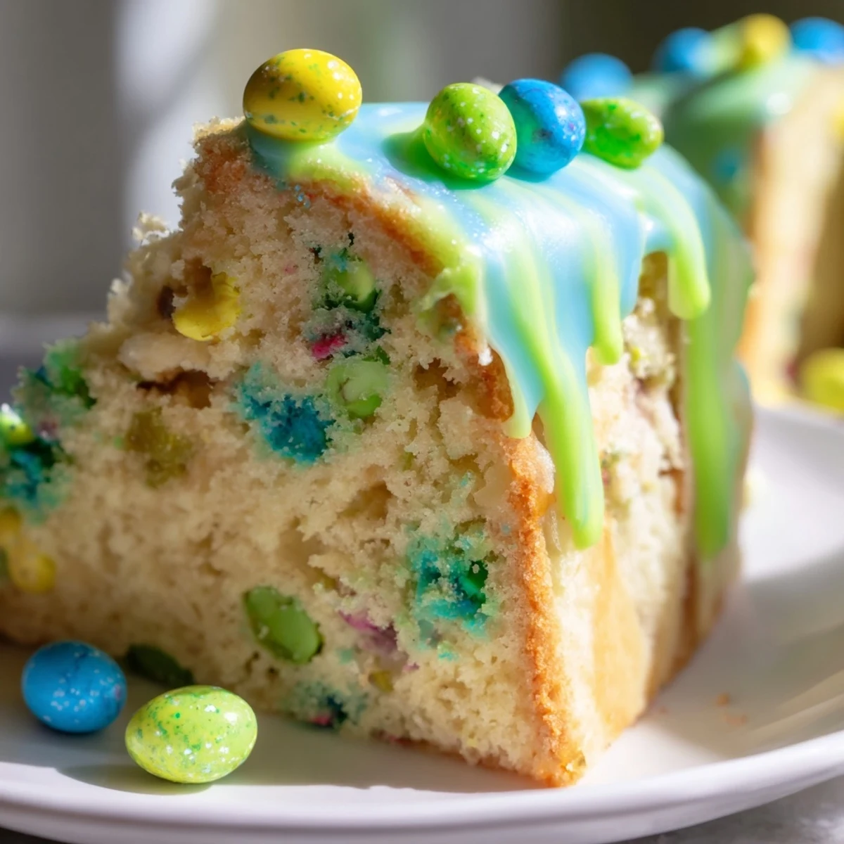 Tender vanilla Robin Egg Snack Cake slice showing speckled candy pieces and swirled pastel frosting