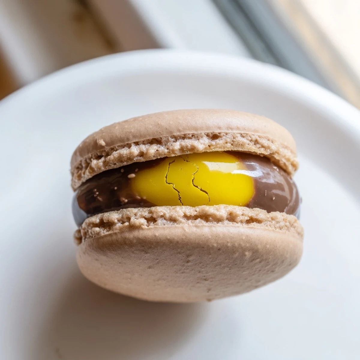 Delicate Cadbury Egg macarons with smooth chocolate filling and sunny yellow yolk centers