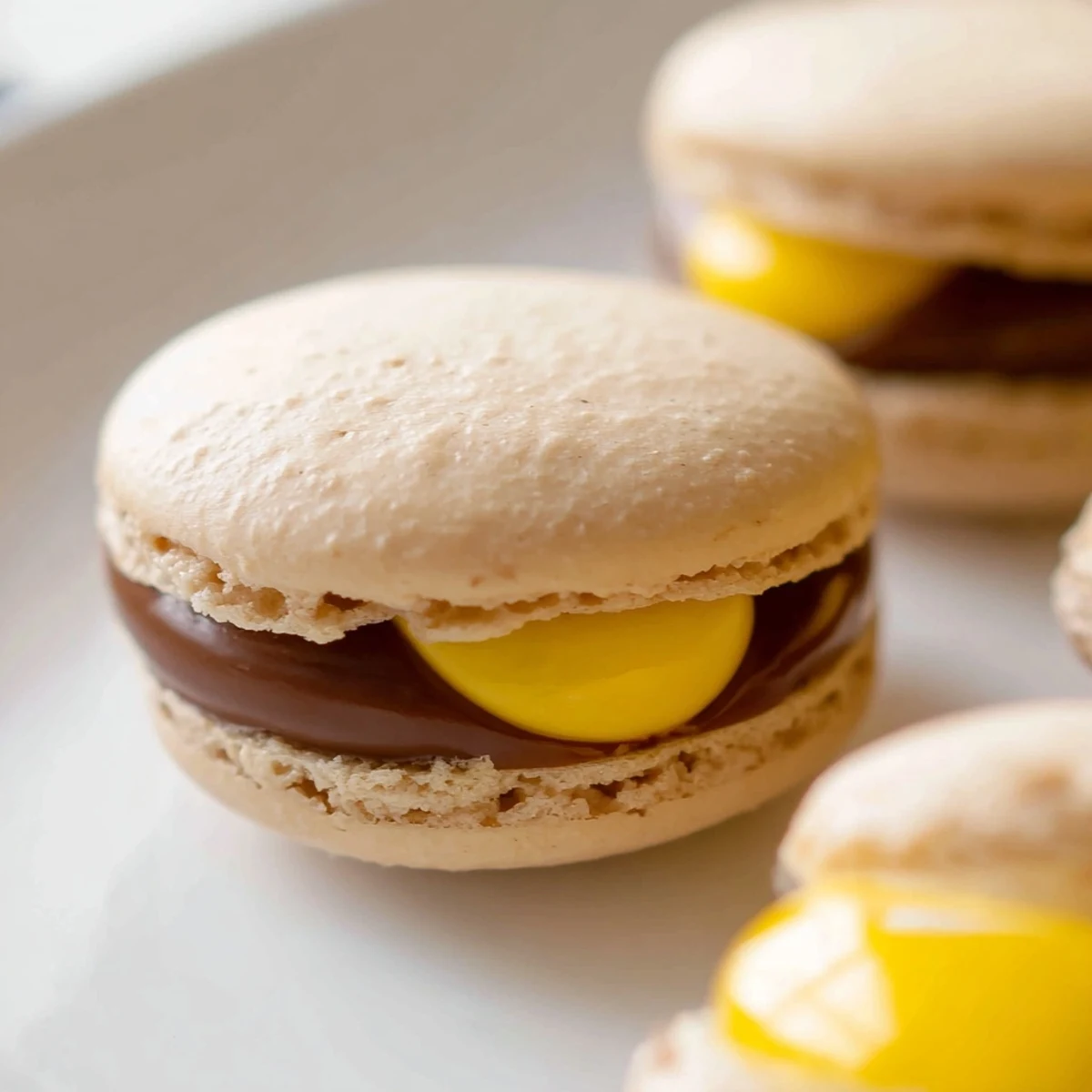 Chewy Cadbury Egg macarons arranged on a pastel plate for festive Easter celebrations