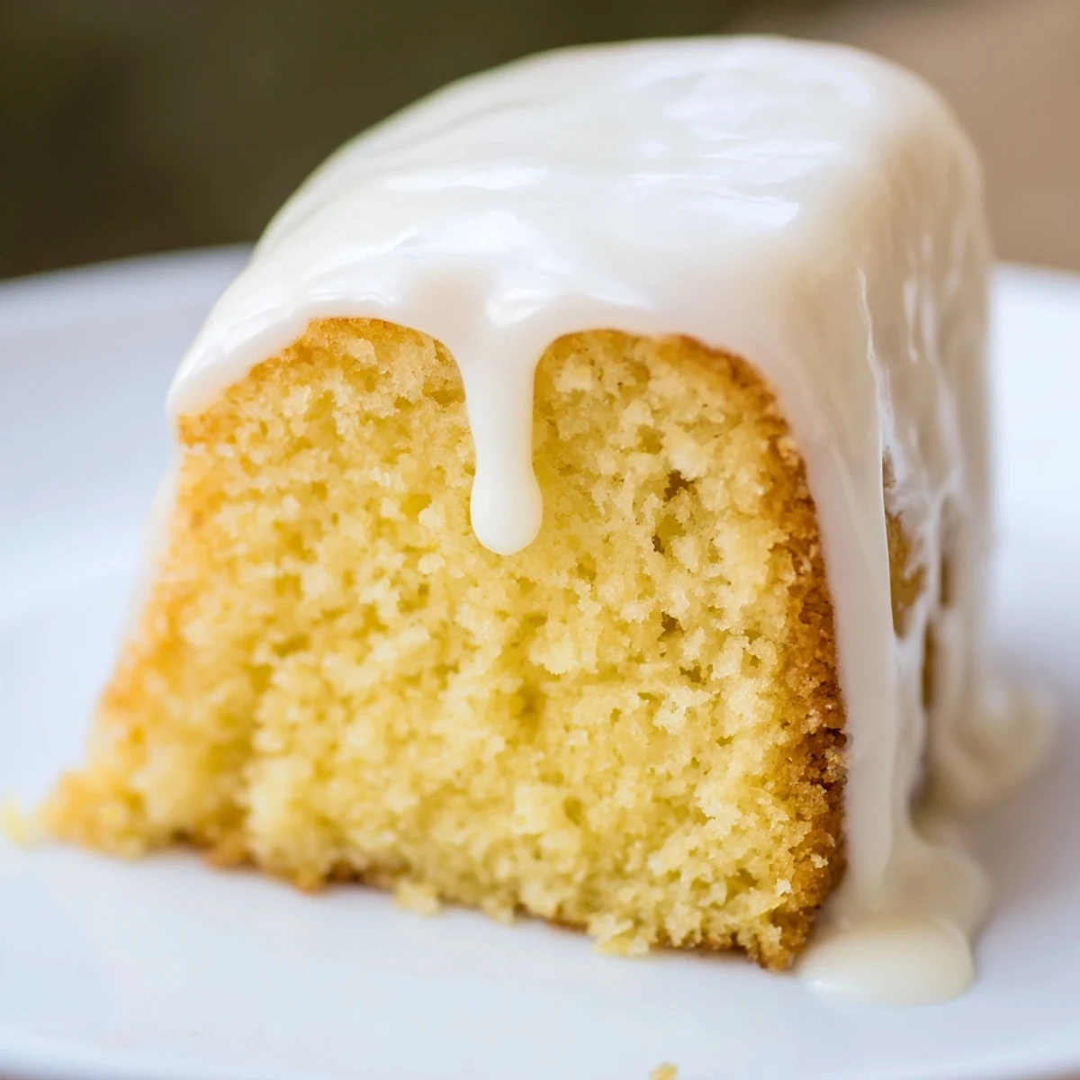 Golden church cake with vanilla glaze drizzled over a moist, tender sponge ready for slicing