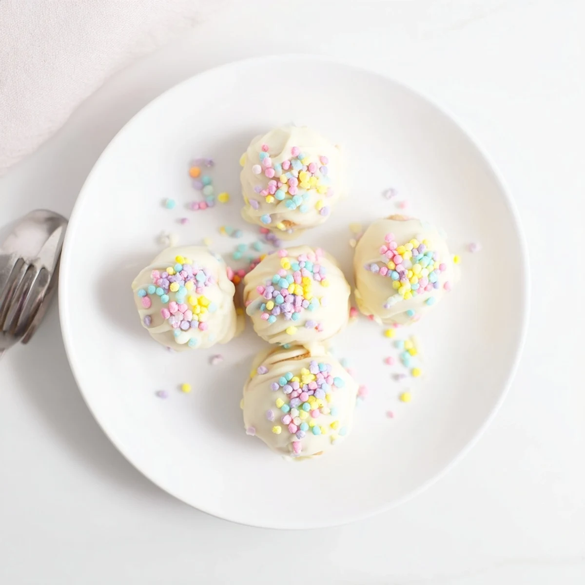Creamy Banana Pudding Easter Truffles coated in white chocolate with colorful holiday sprinkles on top