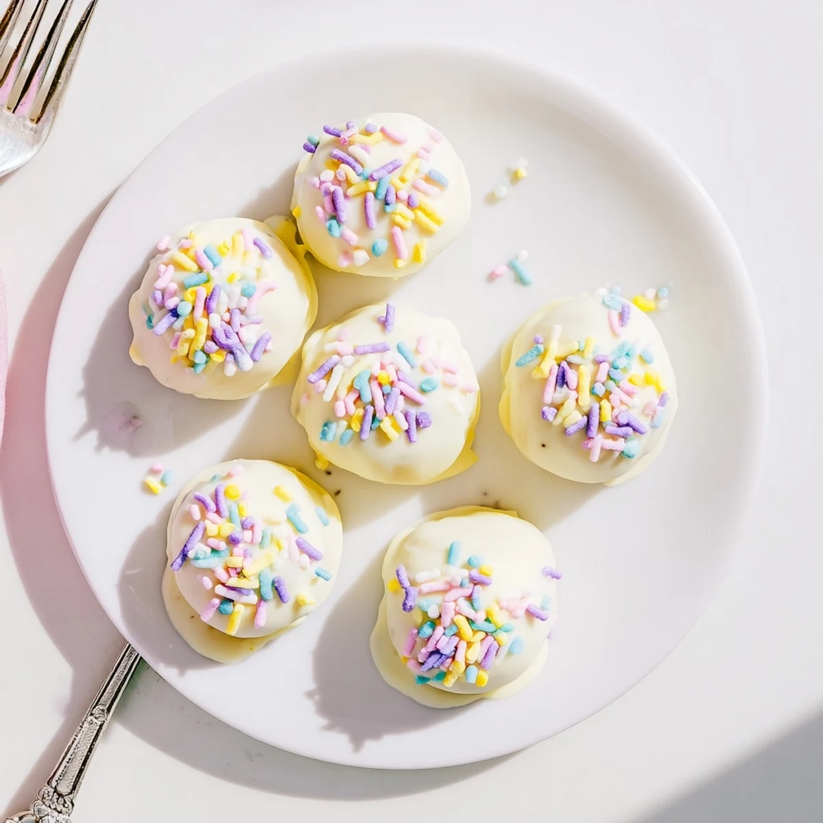 Golden white chocolate-dipped Banana Pudding Easter Truffles arranged on a pastel serving plate for spring